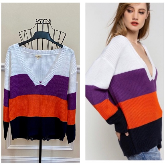 POL Sweaters - *Boutique Clearance* POL Colorblock Distressed Deep V Neck Sweater